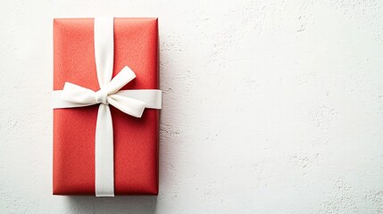 Poster - Elegant and Minimalist Rectangular Gift Box in Soft Red Color Tied with a Simple White Bow Positioned on a Lightly Textured White Background with Plenty of Copy Space for Branding or Advertising