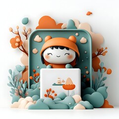 Poster - A 3D rendered image of a cute cartoon character securely grasping a generic square paper container positioned on a pure white setting with a whimsical brushstroke style