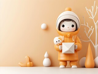 Poster - Cheerful and Whimsical 3D Rendered Cartoon Character Holding a Simple Geometric Paper Package Crafted for a Children s Product Line Set Against a Clean and Bright Background