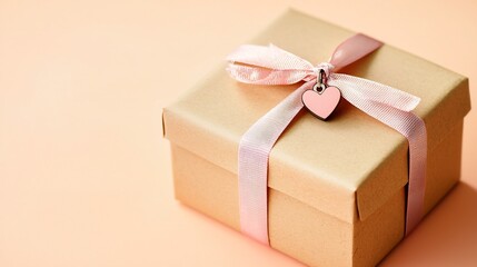Poster - Minimalistic photography of a kraft paper gift box tied with a delicate pink ribbon bow featuring a small heart shaped charm