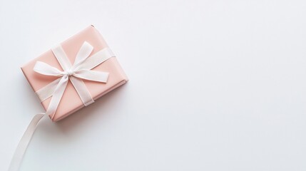 Poster - Minimalist photograph of a single blush colored gift box tied with a thin white ribbon placed diagonally on a smooth white background with plenty of blank space for text or design elements