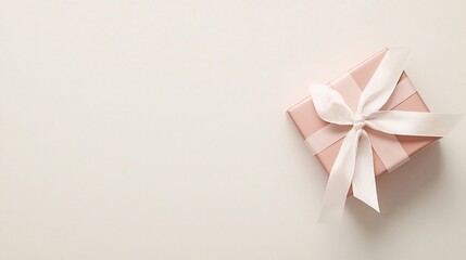 Poster - A simple and elegant minimalist photograph featuring a single blush colored gift box tied with a thin white ribbon