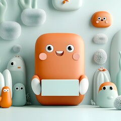 Poster - Whimsical and Playful Cartoon Character Holding an Unbranded Rectangular Paper Package on a Clean White Background Designed for Children s Merchandise and Packaging Concepts