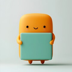Poster - Vibrant 3D Rendered Cartoon Figure Tightly Grasping a Generic Square Paper Container with Whimsical and Playful Character Expression
