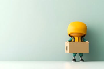 Poster - Quirky and Expressive 3D Animated Figure Grasping a Basic Cardboard Box Positioned on a Flawless White Surface Captivating Digital with Lively Colors and Linework