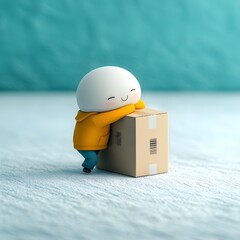 Poster - Charming 3D rendered cartoon figure playful and expressive embracing a basic cardboard container plain and unembellished resting on an immaculate white surface crisp and pristine