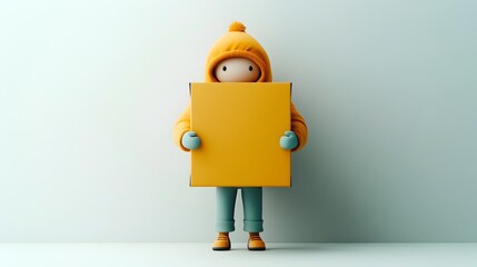 Poster - Cheerful and imaginative 3D rendered of a cartoon figure tightly holding a simple square cardboard container