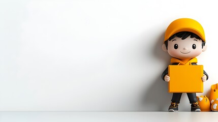 Poster - Cheerful and Playful Cartoon Character Tightly Holding a Crisp Polished Square Cardboard Container Suitable for Youth Oriented Goods on a Plain White Backdrop with a Delightful Imaginative Rendering