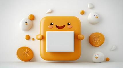 Poster - Cheerful and energetic 3D rendered cartoon mascot character tightly holding a simple square paper packaging against a clean white backdrop suitable for kid friendly branding and product design