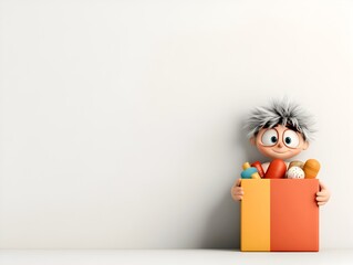 Poster - Cheerful and Endearing Animated Character Holding a Vibrant Cardboard Box Intended for Children s Items Positioned Centrally in a Simple and Minimalist White Studio Setting