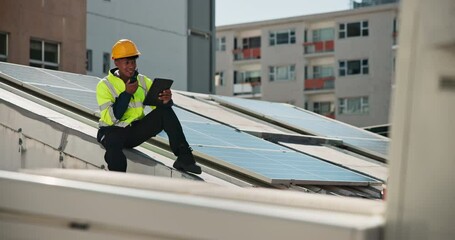 Poster - Solar panel, radio and man with tablet for clean energy, inspection or service on grid system. Photovoltaic power, communication and technician on digital app for maintenance in renewable electricity