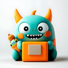 Poster - Captivating 3D animated creature with an endearing playful demeanor clutching a basic square cardboard container prime for kid centric merchandise staged against a pure white environment with soft