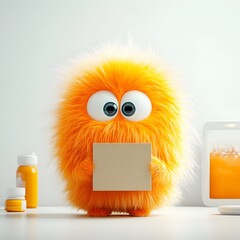 Poster - Captivating 3D rendered image of an endearing playful animated creature character clutching a basic square cardboard container perfect for kid centric merchandise and products