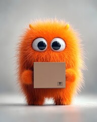 Poster - Adorable 3D Rendered Anthropomorphic Creature Securely Holding a Simple Square Cardboard Box Perfect for Kid Friendly Designs Set Against a Pristine White Background