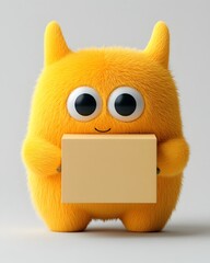 Poster - Adorable 3D rendered animated character design of a cute creature clutching a simple rectangular paper box perfect for children s merchandise and product packaging set against a clean