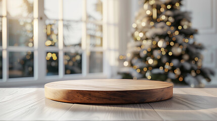 Wall Mural - Empty wooden table in front of abstract blurred Christmas light background for product display in a coffee shop, local market or bar