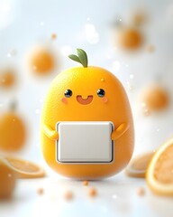 Poster - Endearing 3D Animated Character with a Charming Expressive Face Grasping a Simple Square Cardboard Container Ideal for Kid Friendly Merchandise Set Upon a Pristine White Backdrop with Soft