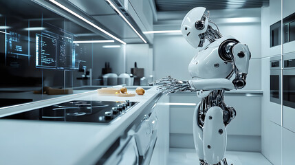 Wall Mural - a white robot is in a futuristic kitchen.