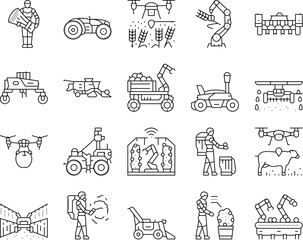 Poster - robot harvests automation icons set vector. agriculture technology, innovation efficiency, sustainability precision, ai robot harvests automation black contour illustrations