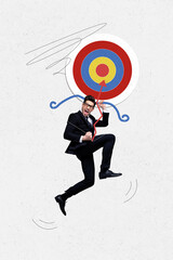 Aufkleber - Vertical photo collage of happy businessman jump arrow bow target aim development determination success isolated on painted background