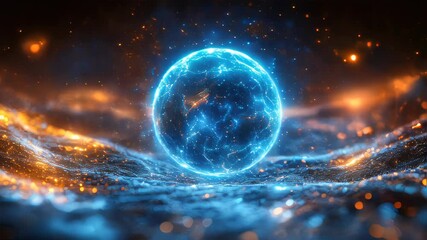 Poster - A glowing blue sphere emitting fiery orange light and intricate network lines, floating in a cosmic setting