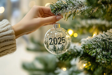 woman's hand hanging a transparent decorative glass ball with 2025 are painted on the ball , close up  Christmas tree branch 