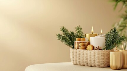 Poster - Minimalistic Photograph of a Small Rectangular Gift Basket Filled with Luxury Teas Biscuits and Candles Adorned with Festive Greenery and Golden Accents