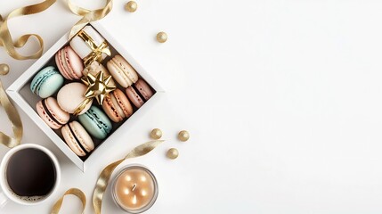 Poster - A modern minimalist photograph showcasing a white gift box filled with delectable New Year s treats like macarons coffee and candles