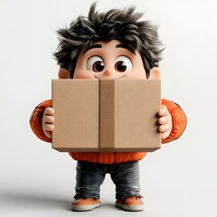Poster - Delightful 3D animated character firmly grasping a simple square cardboard package conveying a sense of joy and wonder in a clean
