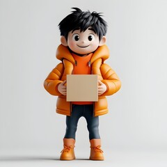 Poster - 3D Rendered Delightful Animated Character Firmly Gripping a Simple Square Cardboard Package Conveying a Sense of Joy and Wonder Perfect for Family Friendly Merchandise in a Bright