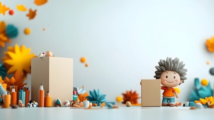 Poster - Confident and Joyful 3D Rendered Animated Figure Grasping an Unbranded Rectangular Cardboard Container Crafted for a Child Demographic