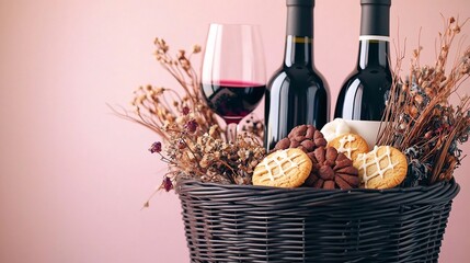 Poster - A beautifully curated minimalistic photograph showcasing a traditional New Year gift basket containing premium wine festive cookies and dried flowers