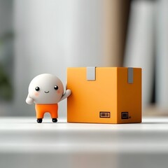 Poster - Cute 3D Rendered Animated Character Firmly Grasping a Basic Square Cardboard Box Situated on a Spotless White Surface for Lighthearted Children s Artwork and Graphic Design Concepts