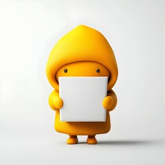 Poster - Cute 3D Rendered Cartoon Figure Tightly Grasping a Generic Square Paper Container Positioned on a Pure White Background with a Minimalist Style and