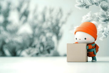 Poster - Quirky Animated Figure Grasps Captivating Cardboard Box on Flawless White Surface Endearing and Expressive Characterization Whimsical and Imaginative Digital