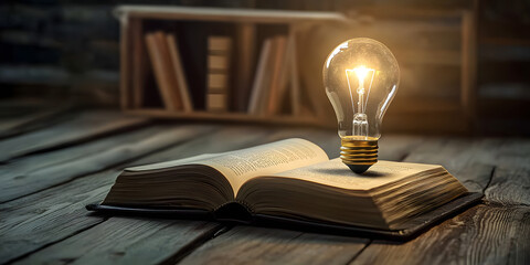 Sticker - Light bulb and book on wooden surface, knowledge, education, inspiration, reading, creativity, learning, idea