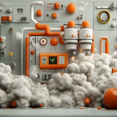 Poster - Captivating scene of a high tech research hub being consumed by a cataclysmic electromagnetic detonation with billowing smoke and debris filling the air