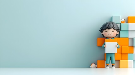 Poster - Animated 3D Rendered Figure in a Lighthearted Playful Pose Securely Holding a Simple Cuboid Paperbox on a Clean Minimalist White Surface Designed for Youth Targeted Imagery