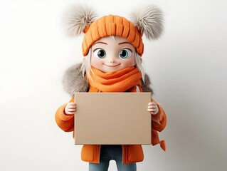 Poster - Joyful and Endearing Animated Character Grasping a Straightforward Utilitarian Cardboard Box Positioned on a Clean Uncluttered White Backdrop Evoking a Children s Book Aesthetic