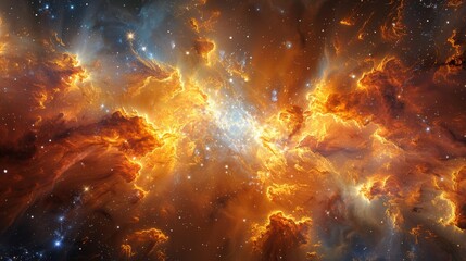 Wall Mural - Explosive fiery nebula in deep space with intense colors of orange, yellow, and blue, representing stellar formation and cosmic phenomena, dynamic and powerful cosmic scene