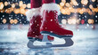 © Prasanth - Close-up of red ice skates with fur lining, gliding on snowy ice with festive lights in the background.