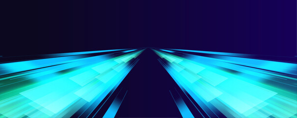 Wall Mural - horizontal night road in the form of a panorama with green neon lights. city light trails motion bac
