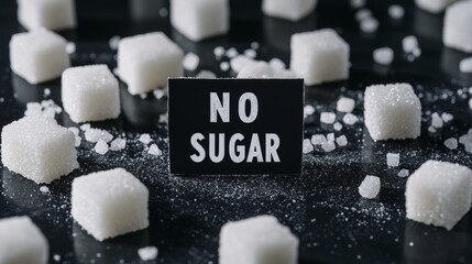 Aufkleber - White sugar cubes scattered around a black sign with the inscription no sugar promoting a sugar free or low sugar lifestyle for better health and wellness