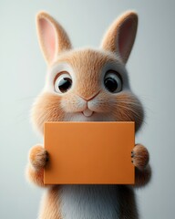 Poster - Charming cartoon rabbit character firmly holding an unbranded rectangular paper package placed on a clean white backdrop with a whimsical