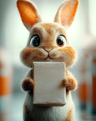 Poster - Charming cartoon rabbit character firmly holding an unbranded rectangular paper package placed on a clean white backdrop with a whimsical playful style reminiscent of 1950s children s colors