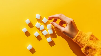 Aufkleber - Reaching for sugar cube on yellow surface symbolizes health impact of sugar consumption