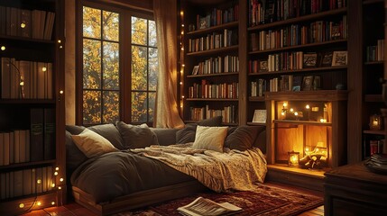 Wall Mural - A cozy reading nook with bookshelves, warm lighting, and comfortable seating