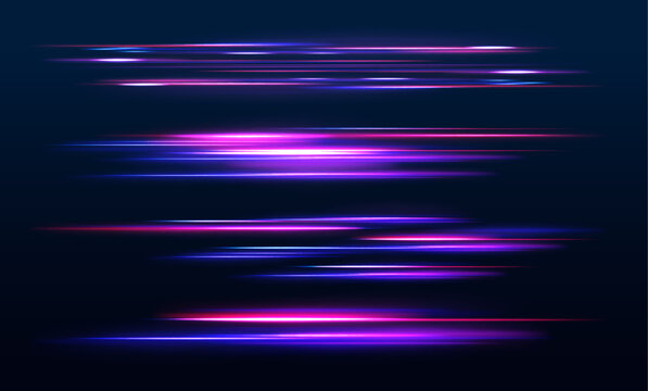Neon glowing red and blue lines with fast particle motion and laser beams create a captivating effect of moving speed, while the glowing flares and light traces add excitement to any design.