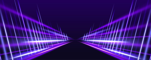 Poster - Abstract background showcasing the speed of light on a road with blue and purple neon glows, featuring glowing waves and swirling lines, conveying the dynamic motion of high-speed travel.