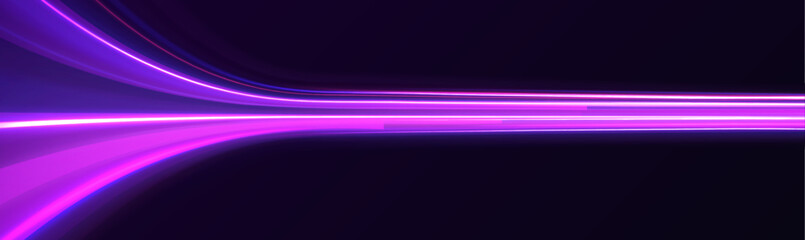 Poster - Night motorway with light effects in neon colors purple, blue and red. Big data traffic visualization, dynamic high speed data streaming traffic. City road car light trails motion background.